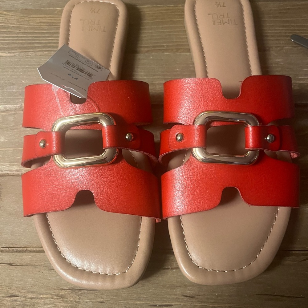 Time and Tru women's hardware slide sandals feature a bold red synthetic upper